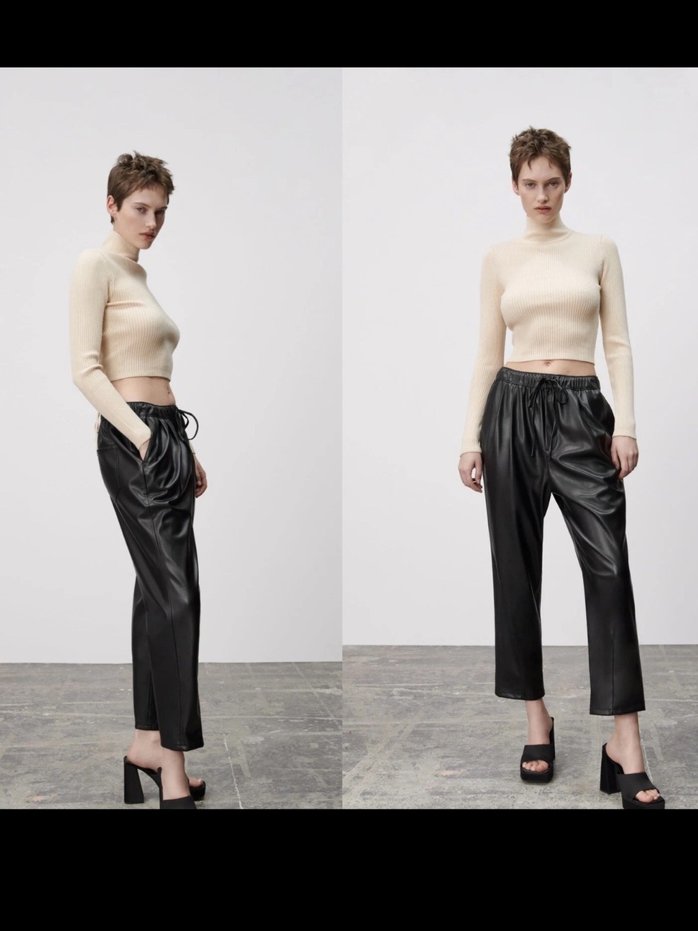 Zara Black Faux-Leather “The Weekend Pant” Cropped Relaxed Pants